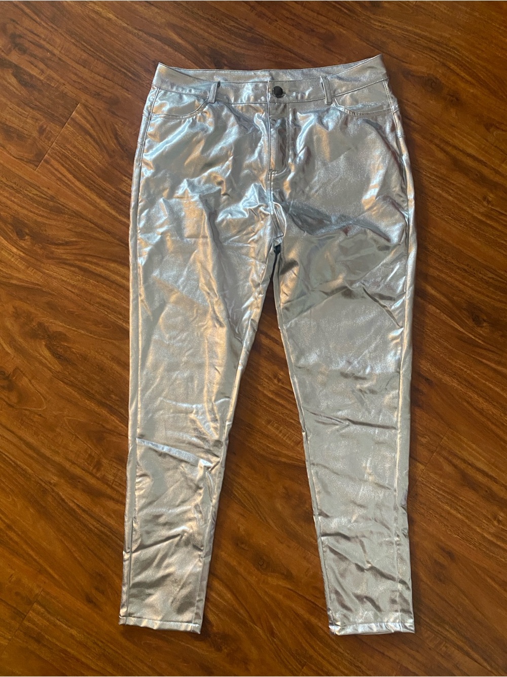 Amazon Womens Metallic Silver High Waist Skinny Pants Rocker Streetwear Size M